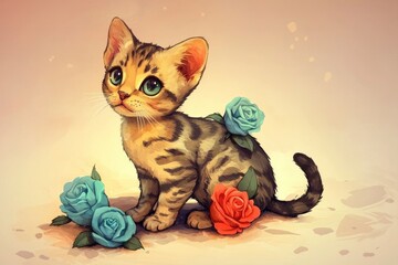 Poster - Adorable Kitten with Flowers