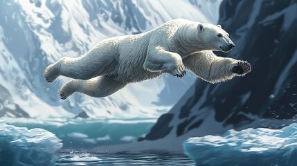 Poster -   A Polar Bear soaring high above an icy body of water amidst towering icebergs in the backdrop