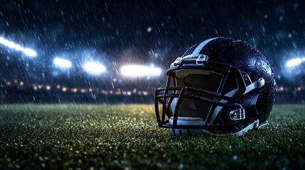 American football field stadium lights helmet and ball touchdown background