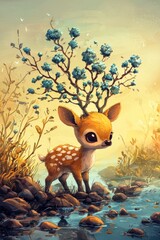 Poster - Fawn with a Tree Crown by a Stream