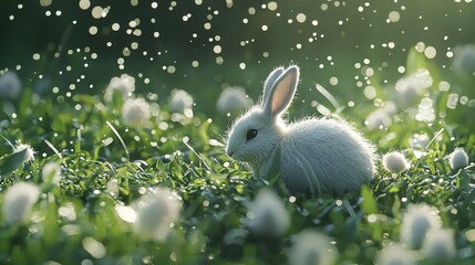   White rabbit in green grass & white flowers with water droplets