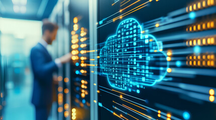 Wall Mural - A cloud migration project, with IT professionals moving data to cloud platforms, emphasizing the role of cloud computing and SaaS in modernizing IT infrastructure. Digital transformation. SaaS Power