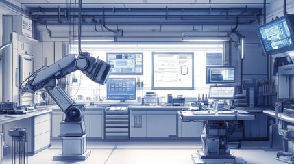 Poster - A Sketchy Render of a Futuristic Laboratory with a Robotic Arm