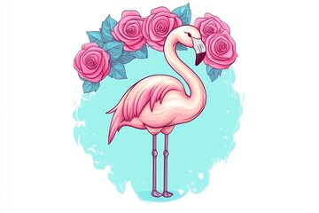 Wall Mural - Pink Flamingo with Roses Illustration