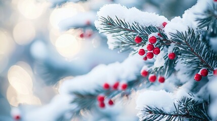 Poster -   A close-up of a pine tree with red berries on its branches, set against a snowy backdrop and captured in a soft, golden bokeh A beautiful winter scene