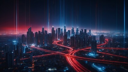 a night city surrounded by an abstract gradient blue and red glowing light trail, a smart city utili