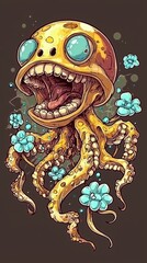 Poster - Smiling Octopus with Flowers