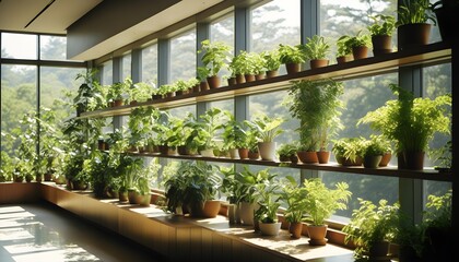 Wall Mural - Lively indoor garden showcasing vibrant greenery on shelves beside a sunlit window