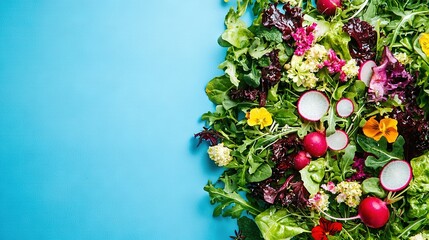 Wall Mural -   A colorful close-up of various vegetables against a blue backdrop, with space for text overlay