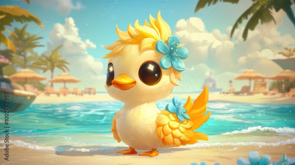 Cute Yellow Bird with Blue Flowers on a Tropical Beach