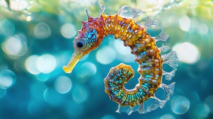 Sticker -   A clear shot of a sea horse in water, surrounded by bubbles and a focused foreground The background is softly blurred