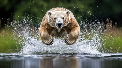 Canvas Print -   A majestic brown bear perched on water's edge, surrounded by the verdant forest teeming with tall trees