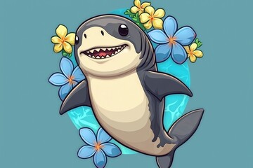 Sticker - Cute Cartoon Shark with Flowers