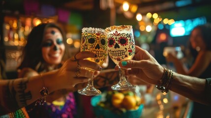 Friends enjoying a festive toast at a bar while honoring the Day of the Dead tradition