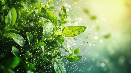 Wall Mural -   A zoomed-in image of a leafy plant with water droplets on its leaves and the sun illuminating the background