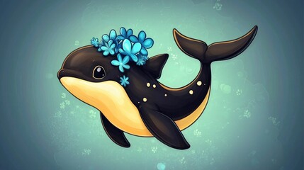 Poster - Cute Cartoon Dolphin with Flower Crown