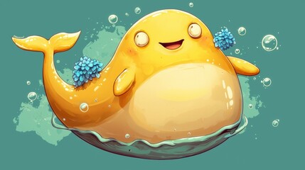 Poster - Cute Yellow Whale with Flowers Illustration