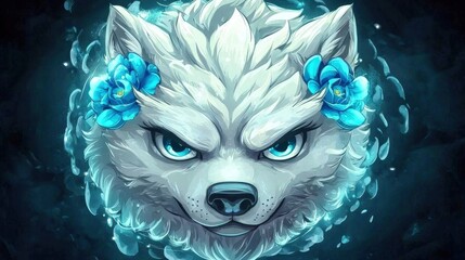 Canvas Print - Fierce White Wolf with Blue Flowers