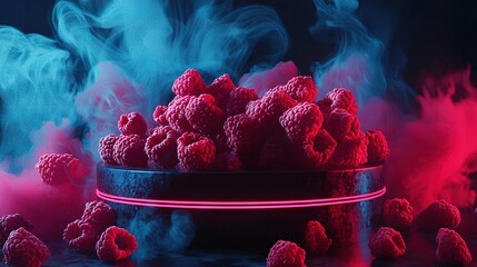 Poster -   A bowl of raspberries billowing with smoke from both its top and bottom