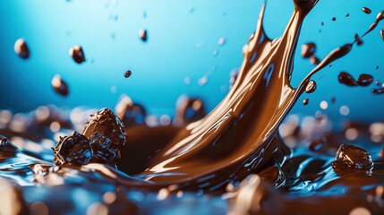 Wall Mural -   A close-up of liquid splashing on a blue surface with water droplets at the bottom