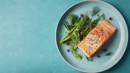 Poster -   A white plate holds a salmon filet and a green salad, resting atop a blue tablecloth