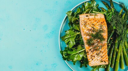 Canvas Print -   A salmon, asparagus, and broccoli dish on a blue tablecloth with a parsley garnish