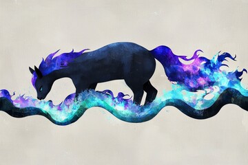 Wall Mural - Magical Black Horse with Galaxy Mane and Tail Running on a Wave of Stars