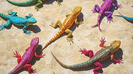 Poster -   A group of colorful lizards resting on a sandy background, with one lizard facing the camera and the other gazing off into the distance