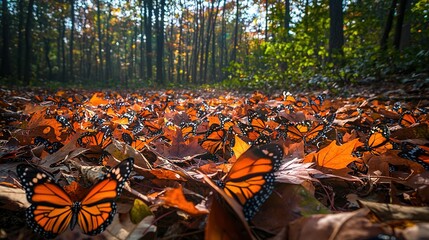 Sticker -   Orange and black butterflies fill a field amidst towering trees