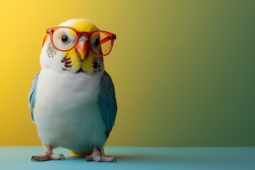 A budgie wearing red glasses stands on a blue surface against a yellow and green gradient background.