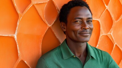 Canvas Print - Portrait of a smiling African man with a green shirt against an orange wall.