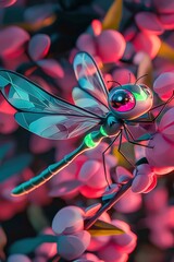 Poster - Dragonfly on Pink Flowers with Glowing Details