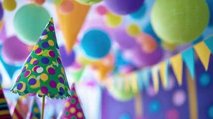 Poster -   A party room with balloons hanging from a small tree, topped with a festive party hat