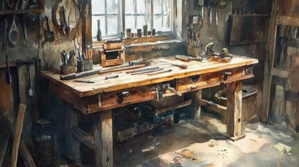 Aufkleber - Watercolor Painting of a Well-Worn Workbench with Tools and Sunlight Streaming In