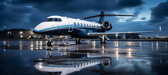 Private jet parked on a runway during twilight with reflections on the wet ground