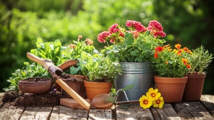 Potted Flowers and Gardening Tools on a Wooden Table