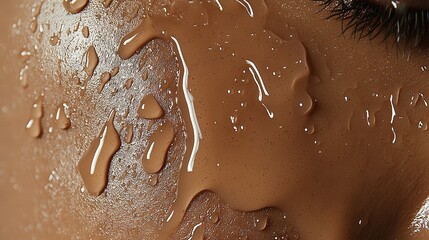 Poster -   A close-up of a woman's face with brown liquid on her cheek and eye lashes