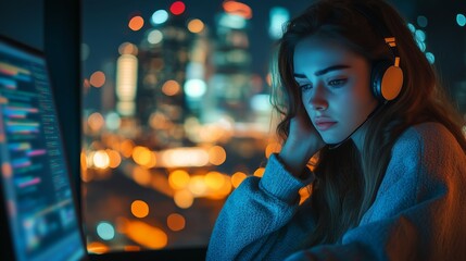 Poster - a young woman focused on coding at night with city lights shimmering in the background