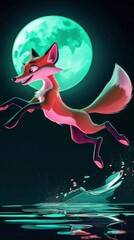 Wall Mural - Red Fox Leaping Towards the Moonlit Water