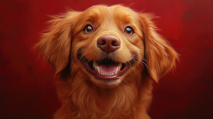 A golden retriever beams with happiness, showcasing its friendly demeanor against a striking red backdrop in a studio