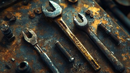 Poster - Rusty Wrenches and Bolts on a Metal Surface