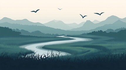 Wall Mural - A winding river flows through a lush green valley, with a misty mountain range in the background and birds flying overhead.