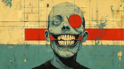 Canvas Print -   A painting of a man with a red-painted clown's face on a building, with a circle in his mouth