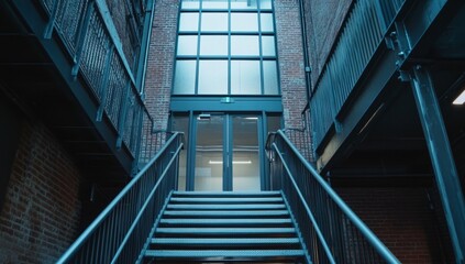 Stairs to building corridors: metal outdoor stairs, industrial stairs, fire escape stairs, metal stair structure, made of stainless steel