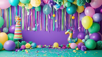 Poster -   A vibrant birthday celebration with balloons, streamers, and a giraffe figurine