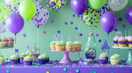 Canvas Print -   A colorful table is adorned with various cupcakes, some with frosting and others decorated with balloons and confetti