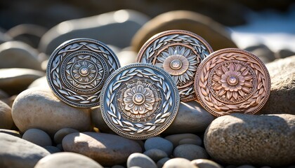 Intricately Designed Metal Medallions Resting on Sunlit River Stones