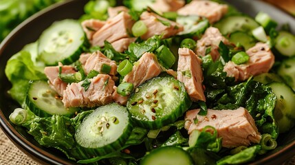 Poster -   A close-up of a dish with cucumber and meat on top of a bed of lettuce