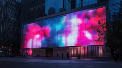Poster - A Modern Building Facade with a Dynamic Light Display and Silhouettes of People
