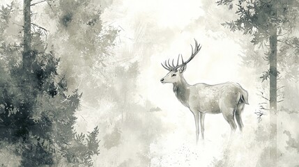 Sticker -   A sketch of a deer amidst towering trees and a hazy sky in the distance